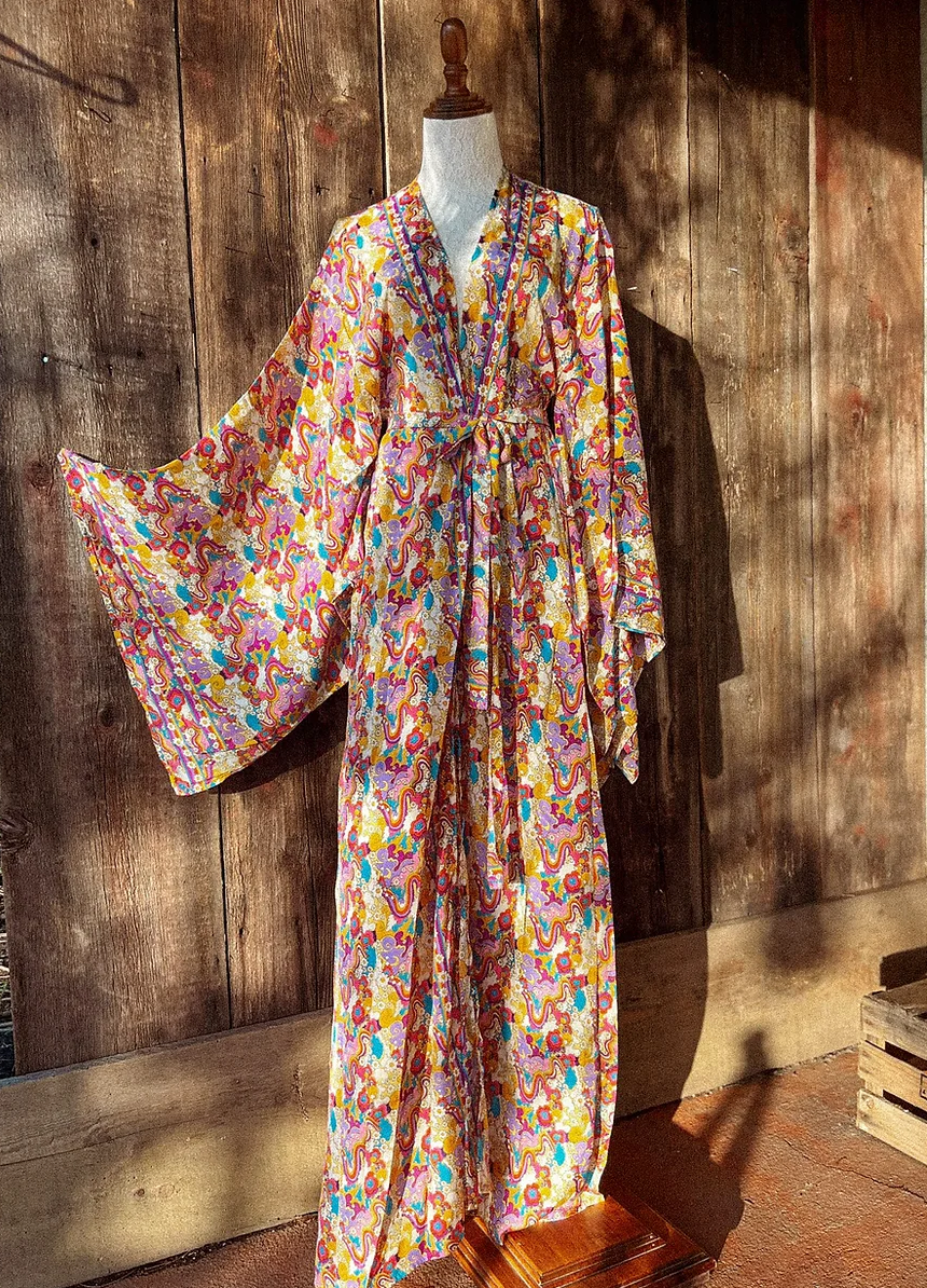 Rainbow Hippie Boho Psychedelic Kimono, Duster Robe: Plus