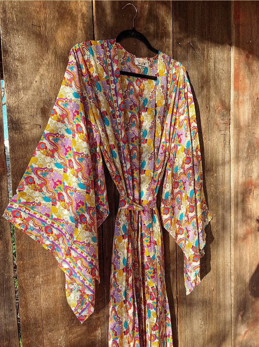 Rainbow Hippie Boho Psychedelic Kimono, Duster Robe: Plus