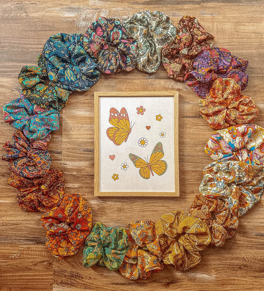 Boho Oversized Silk Floral Hair Scrunchies, Hippie Bohemian: Goldie Sage