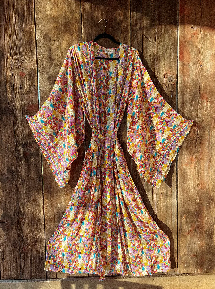 Rainbow Hippie Boho Psychedelic Kimono, Duster Robe: Plus