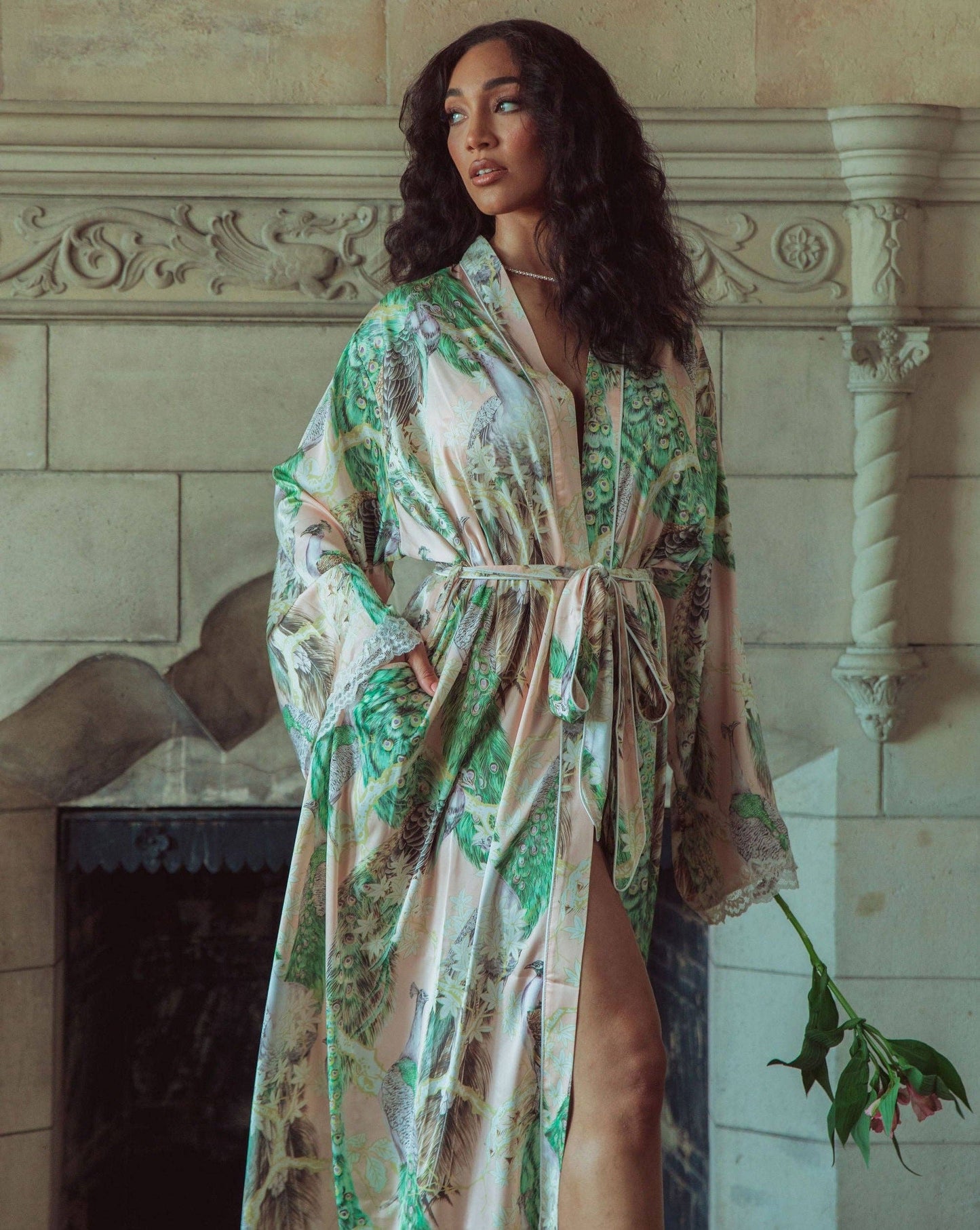 SATIN MAXI ROBE: POISED PEACOCK / XL